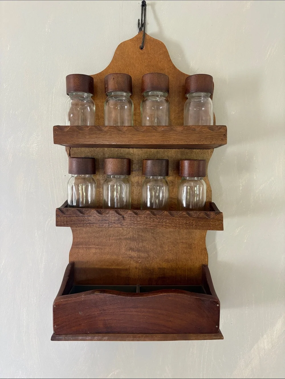VTG Wooden Wall Spice Rack with Glass Jars & labels